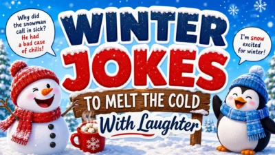 Winter jokes thumbnail with laughing snowman, penguin, hot cocoa, snowy forest, and bold comedy text