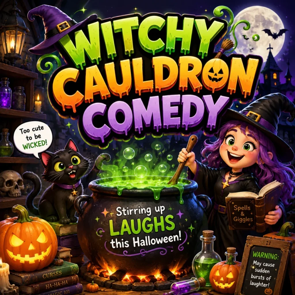 Witchy cauldron comedy image with smiling witch, black cat, pumpkins, spell book, and glowing green potion