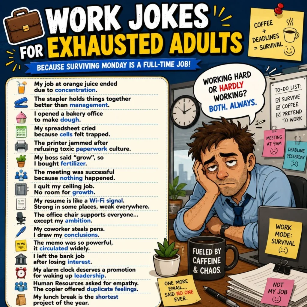 Work jokes for exhausted adults poster with tired office worker, coffee mug, and funny workplace one-liners