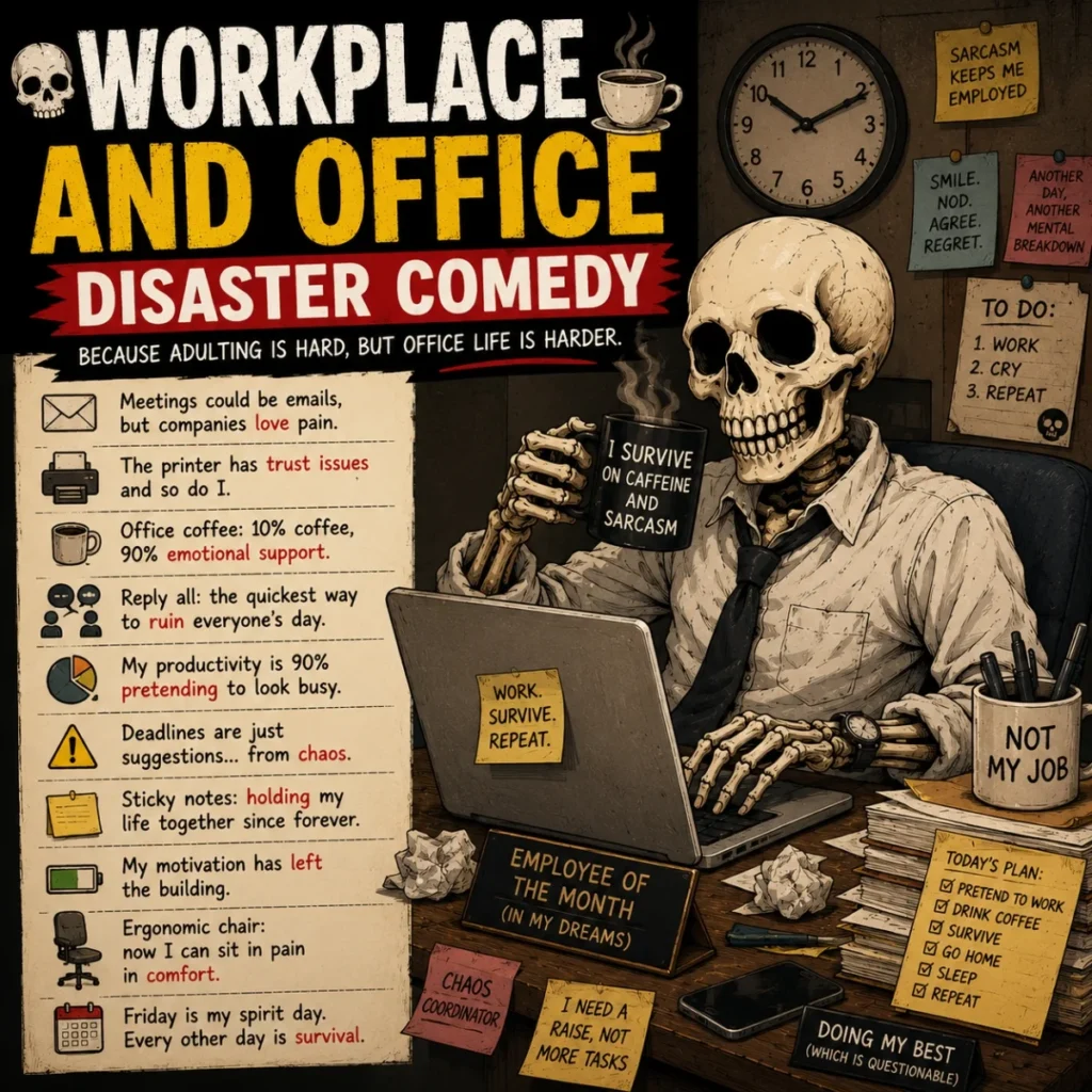 Workplace disaster comedy image with skeleton office worker, coffee, laptop, and sarcastic humor
