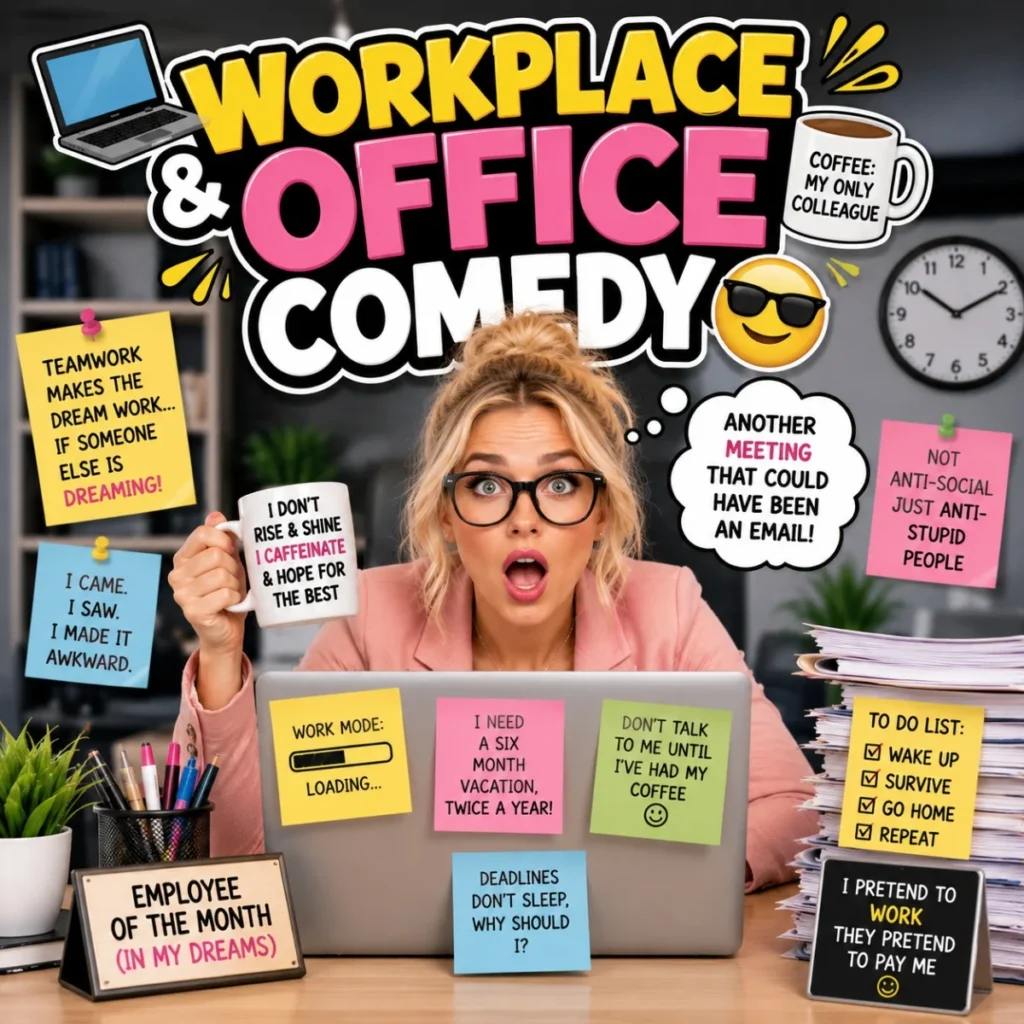 Office comedy thumbnail with surprised blonde woman, laptop, coffee mug, sticky notes, and bold workplace humor text
