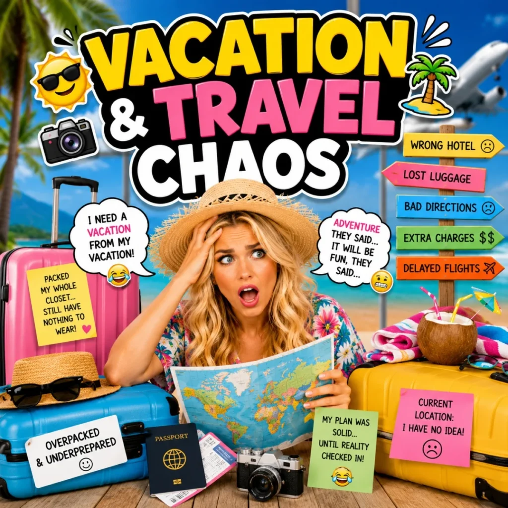 Vacation travel chaos thumbnail with confused blonde tourist, luggage, map, beach background, and funny travel signs
