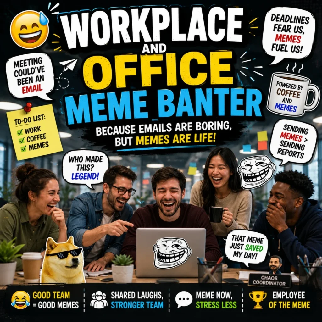 Workplace meme banter graphic with laughing coworkers, office jokes, speech bubbles, and meme humor