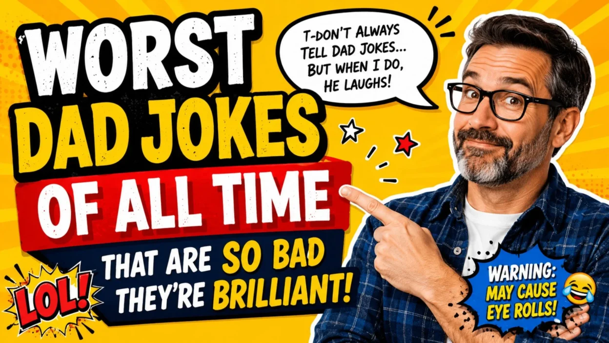 Worst dad jokes of all time comic-style thumbnail with funny dad, bold text, and bright yellow background