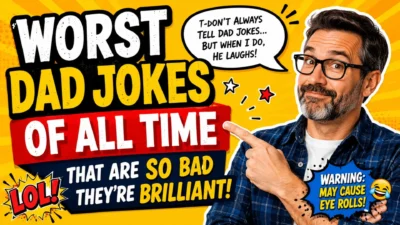 Worst dad jokes of all time comic-style thumbnail with funny dad, bold text, and bright yellow background