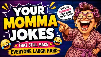 Funny your momma jokes thumbnail with laughing cartoon mom and bold comedy textc