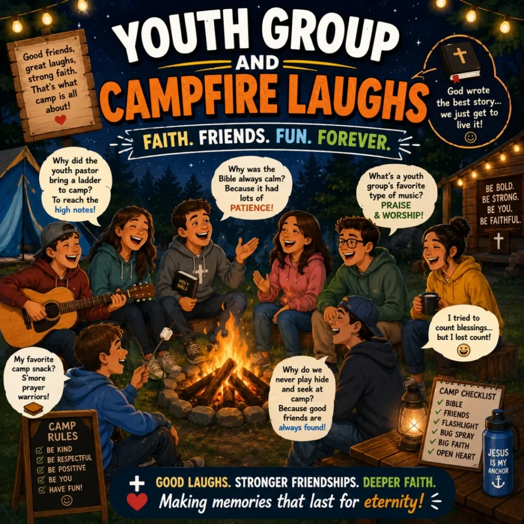 Youth group campfire laughs with teens sharing faith, friendship, music, and Christian humor
