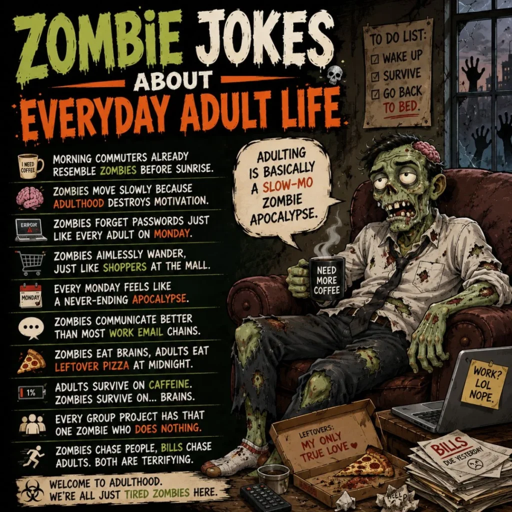 Zombie jokes poster about adult life with spooky humor, tired office vibes, and Halloween comedy