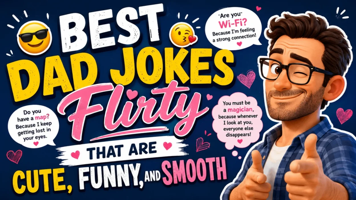 Funny best dad jokes flirty thumbnail with playful cartoon dad, hearts, witty pickup lines, and colorful humor design