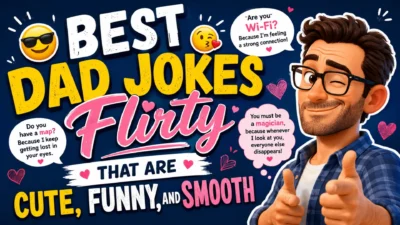 Funny best dad jokes flirty thumbnail with playful cartoon dad, hearts, witty pickup lines, and colorful humor design
