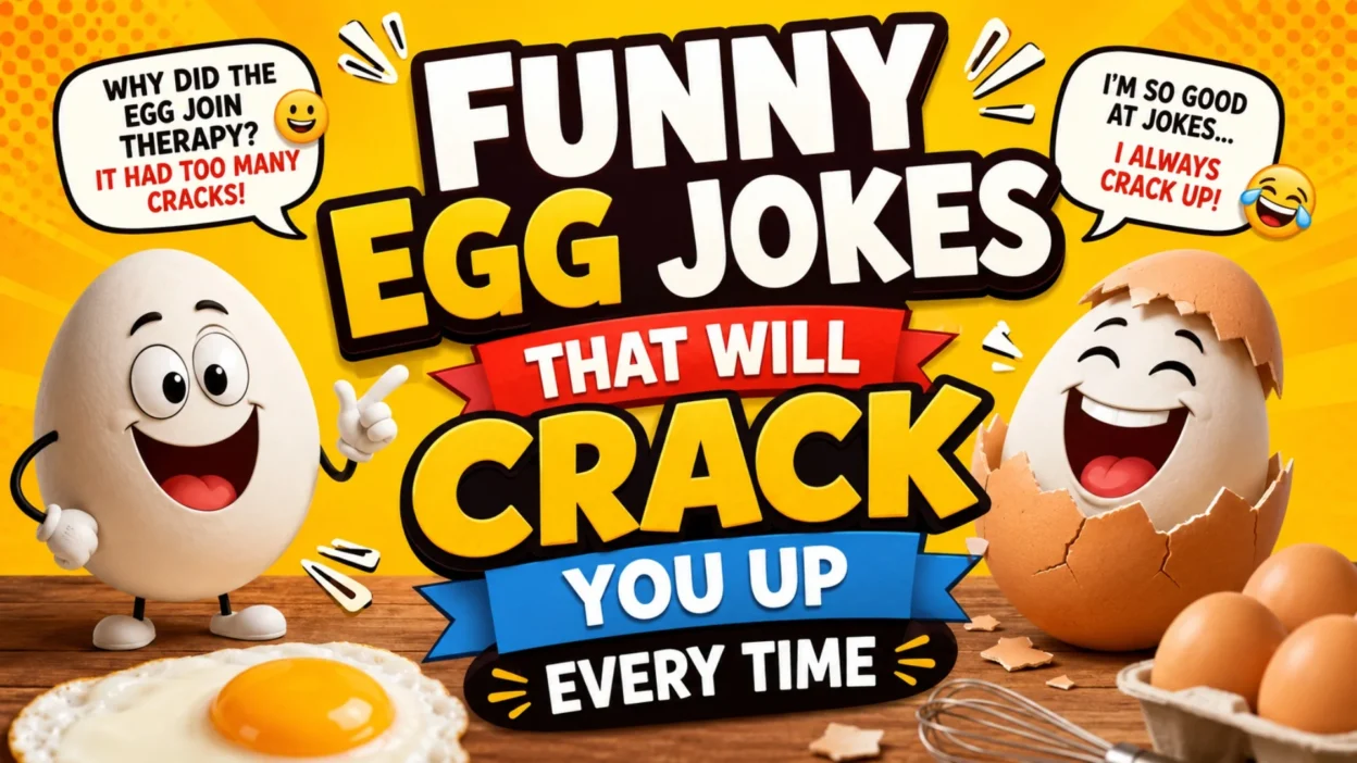 Funny egg jokes cartoon banner with laughing eggs and bold crack you up text