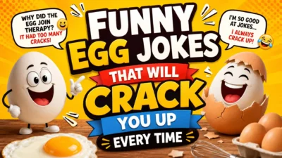 Funny egg jokes cartoon banner with laughing eggs and bold crack you up text