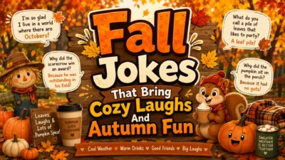 Fall jokes cartoon image with pumpkins, autumn leaves, cozy laughs, scarecrow, and squirrel