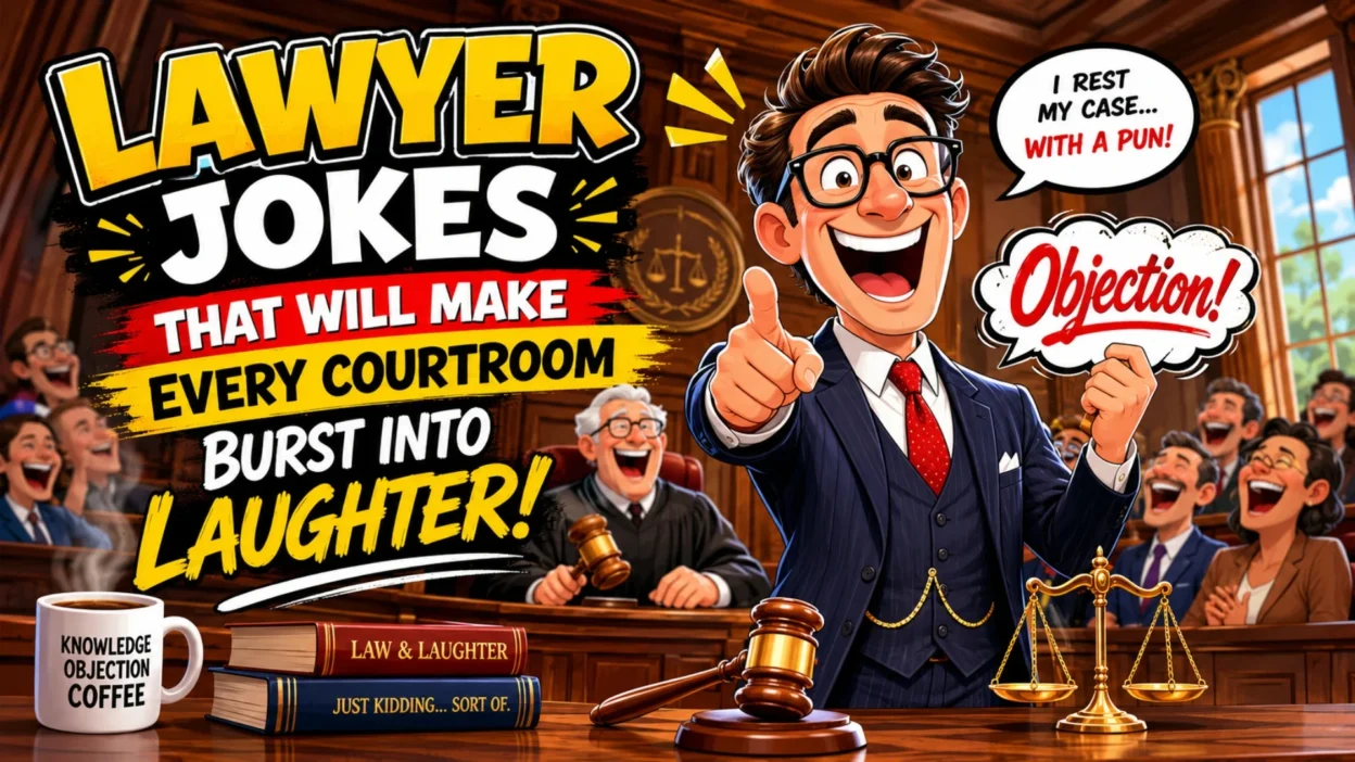 Cartoon lawyer jokes poster with laughing courtroom, judge, audience, and bold legal humor text