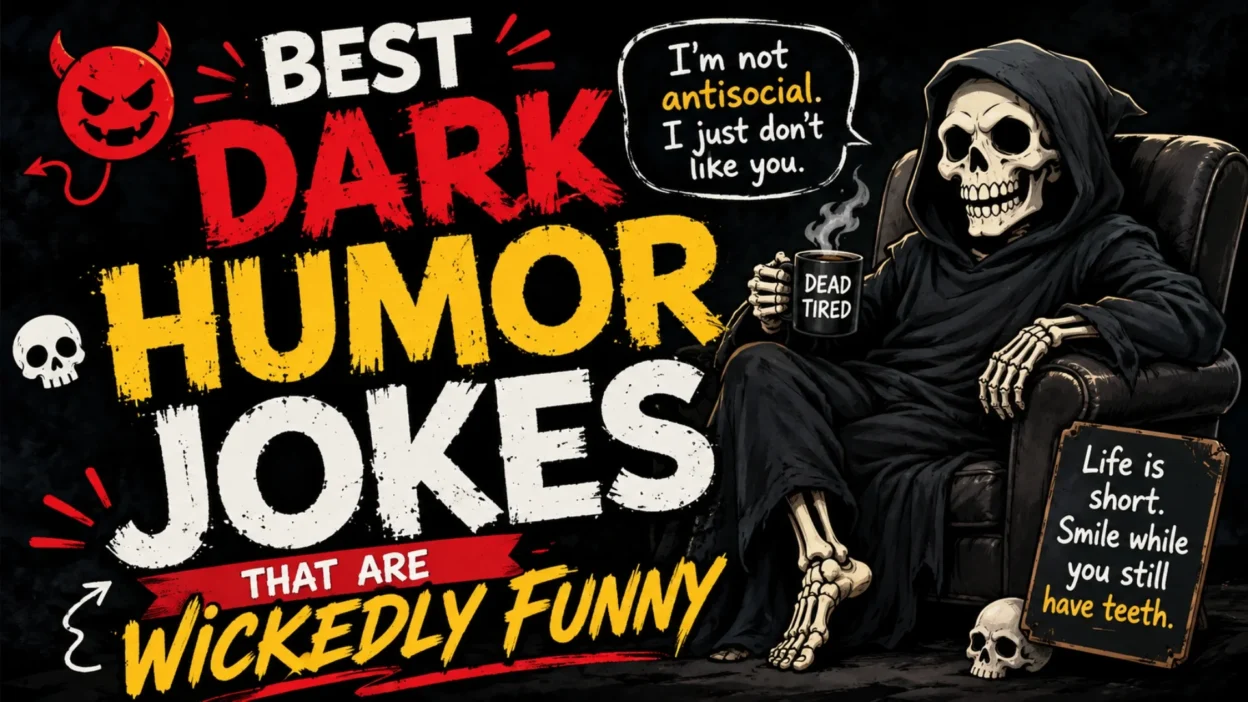 Best dark humor jokes poster with grim reaper, skulls, bold funny text, and edgy comedy style