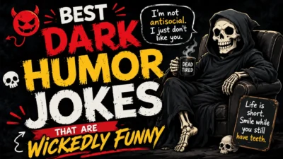 Best dark humor jokes poster with grim reaper, skulls, bold funny text, and edgy comedy style