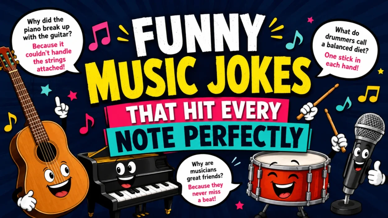 Funny music jokes poster with cartoon guitar, piano, drum, and microphone sharing musical puns and humor