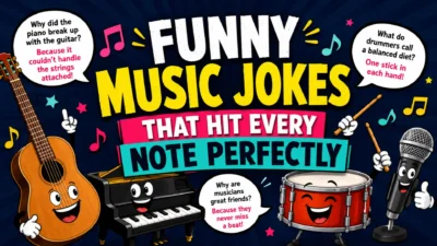 Funny music jokes poster with cartoon guitar, piano, drum, and microphone sharing musical puns and humor