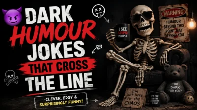 Dark humour jokes that cross the line poster with skeleton and edgy comedy text