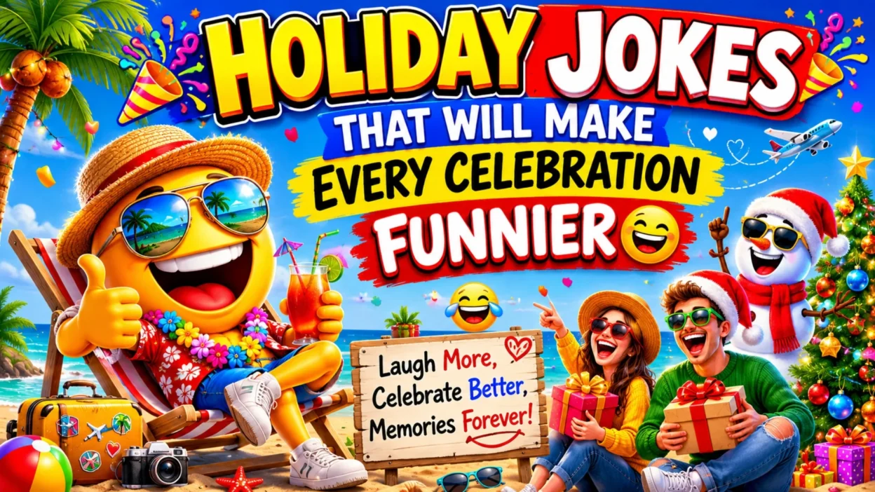 Funny holiday jokes illustration with beach vacation theme, festive gifts, smiling characters, and celebration humor