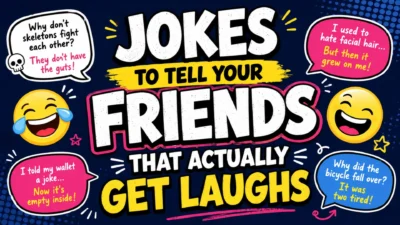 Funny jokes to tell your friends thumbnail with laughing emojis, witty one-liners, and colorful comic-style humor design