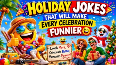 Funny holiday jokes illustration with beach vacation theme, festive gifts, smiling characters, and celebration humor