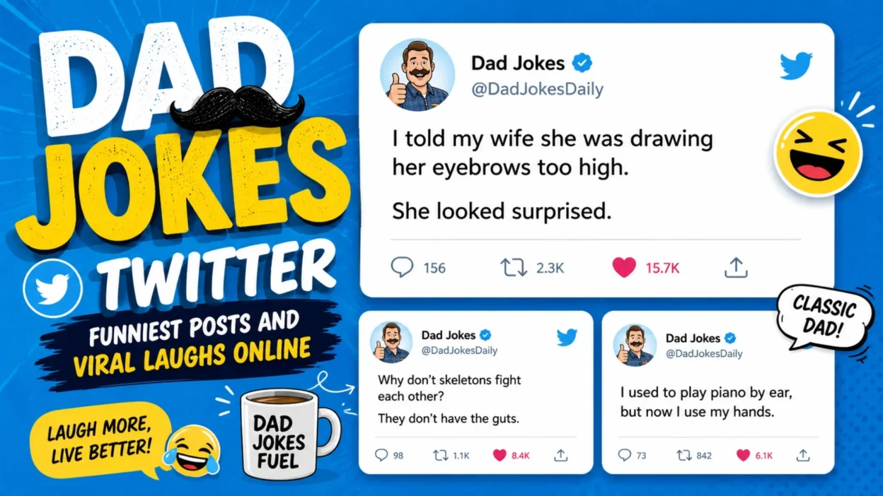 Funny Dad Jokes Twitter graphic with viral tweets, laughing emojis, and classic dad humor social media posts