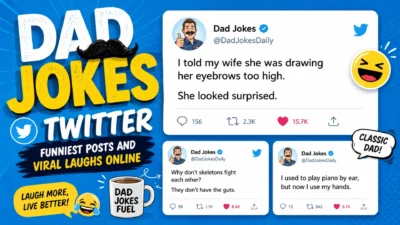 Funny Dad Jokes Twitter graphic with viral tweets, laughing emojis, and classic dad humor social media posts