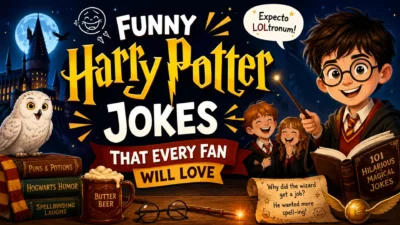 Funny Harry Potter jokes illustration with young wizard, owl, castle, magic wand, and humorous wizard-themed elements