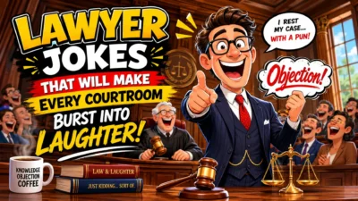 Cartoon lawyer jokes poster with laughing courtroom, judge, audience, and bold legal humor text