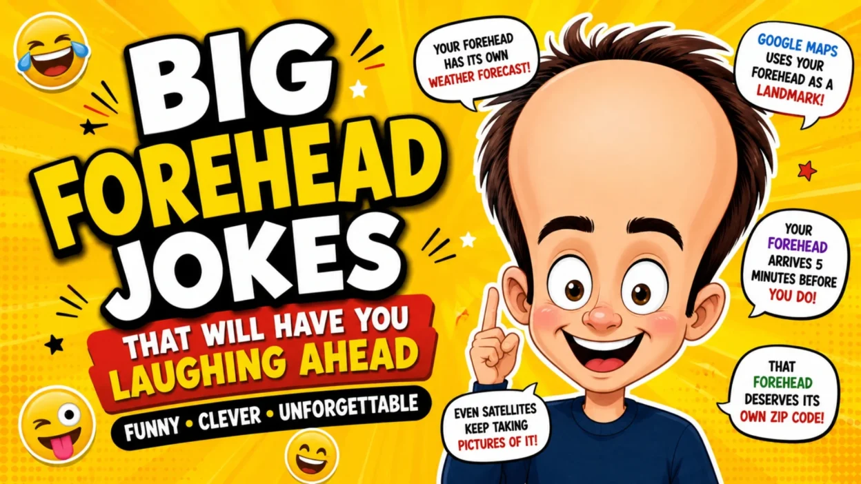 Big forehead jokes cartoon thumbnail with funny character, humorous captions, and colorful comedy design