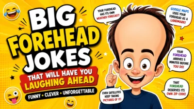 Big forehead jokes cartoon thumbnail with funny character, humorous captions, and colorful comedy design