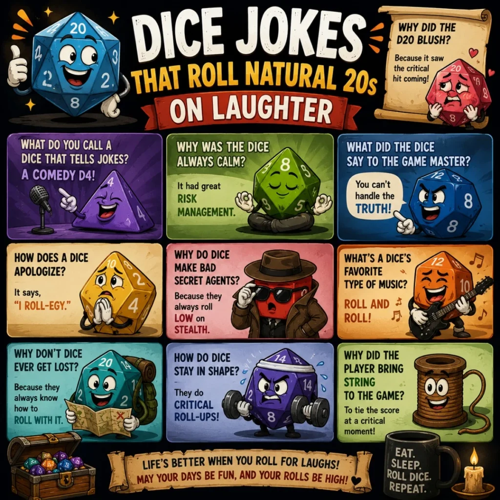 Dice jokes that roll natural 20s with funny tabletop gaming theme