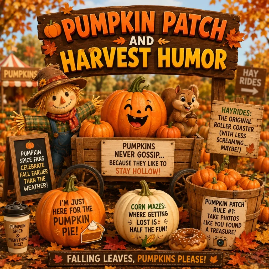 Pumpkin patch and harvest humor cartoon with pumpkins, scarecrow, squirrel, leaves, and fall festival jokes