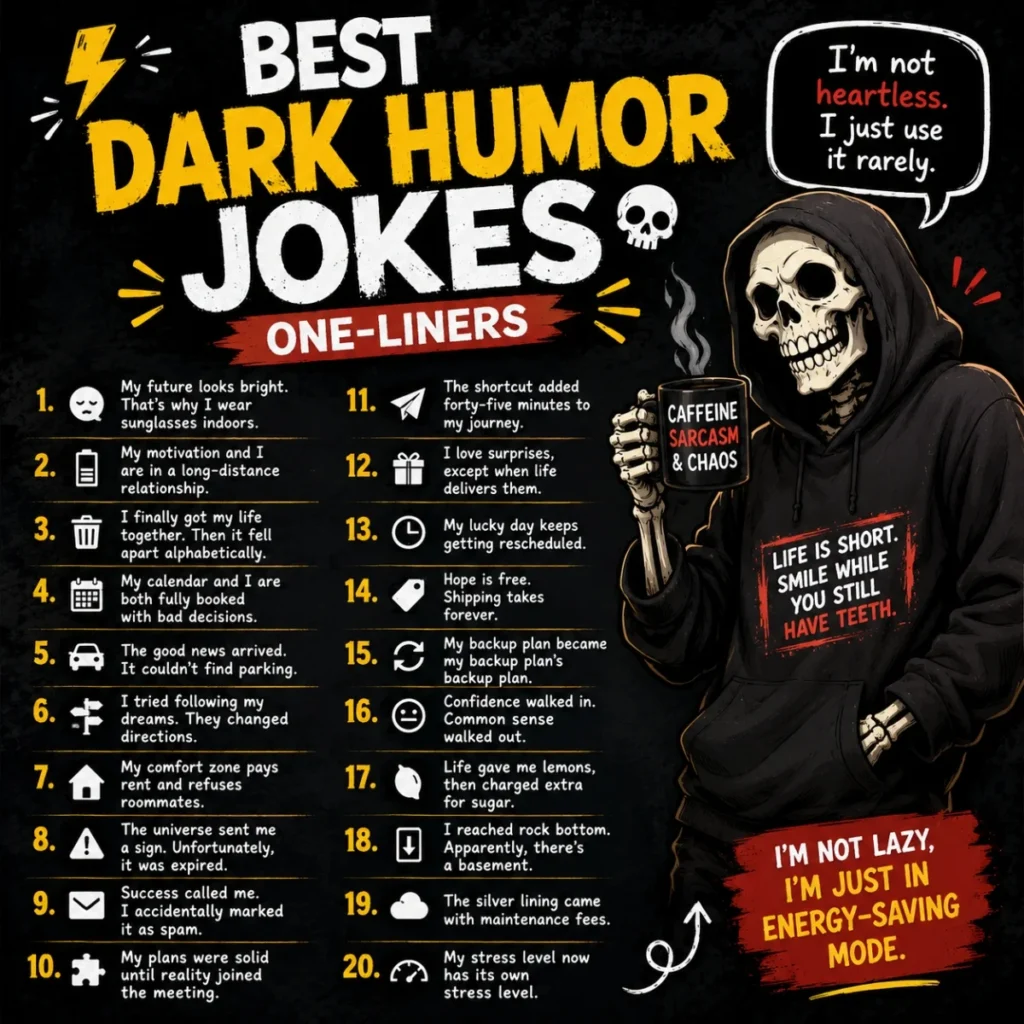 This dark comedy graphic mixes a relaxed grim reaper, skull details, and bold grunge typography.
It creates a sharp, humorous mood perfect for a dark humor jokes article or featured image.