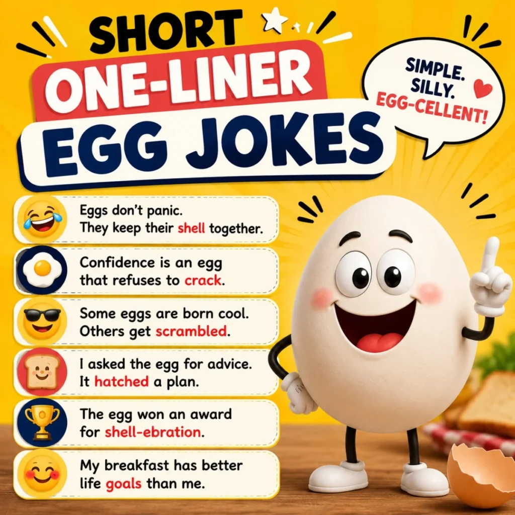 Short one-liner egg jokes poster with smiling cartoon egg and funny breakfast puns