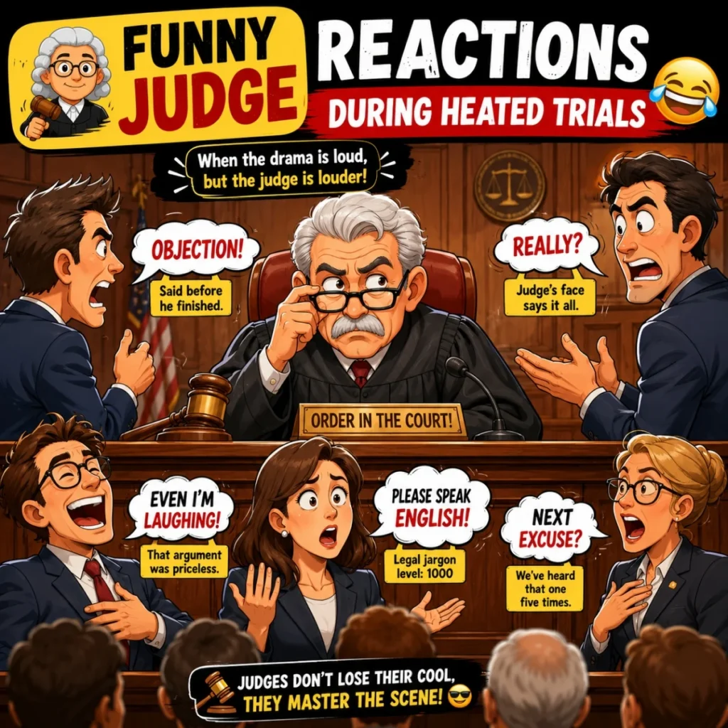 Funny judge reactions cartoon with heated trial, lawyers arguing, and courtroom comedy scene