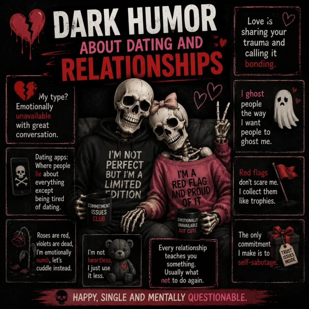 Dark humor about dating and relationships poster with skeleton couple and funny relationship jokes