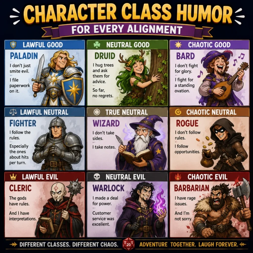 Character class humor for every alignment with fantasy RPG comedy theme