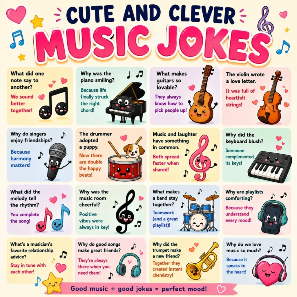 Cute and clever music jokes poster with adorable instruments, musical puns, and heartwarming humor
