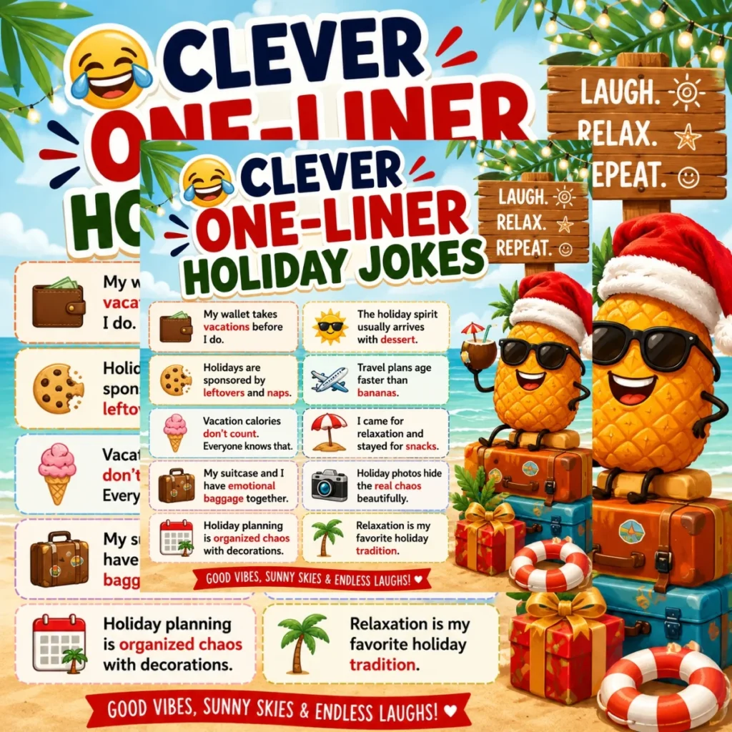 Clever one-liner holiday jokes poster with funny beach vacation theme, tropical pineapple character, and festive humor