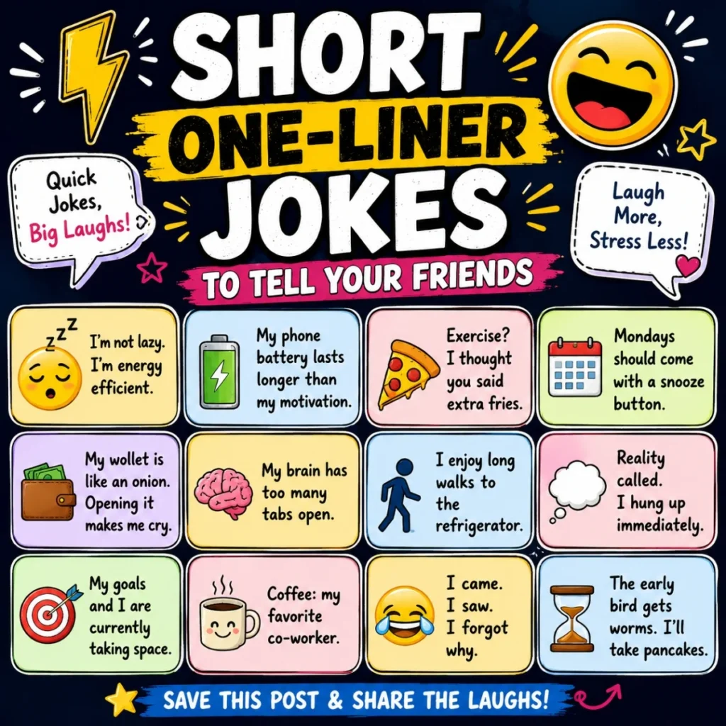 Short one-liner jokes to tell your friends with funny captions, emojis, and colorful comic-style humor design