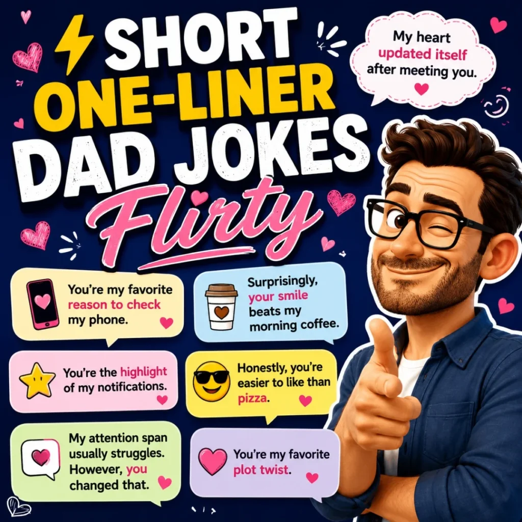 Short one-liner dad jokes flirty graphic with funny romantic puns, cartoon character, hearts, and playful captions
