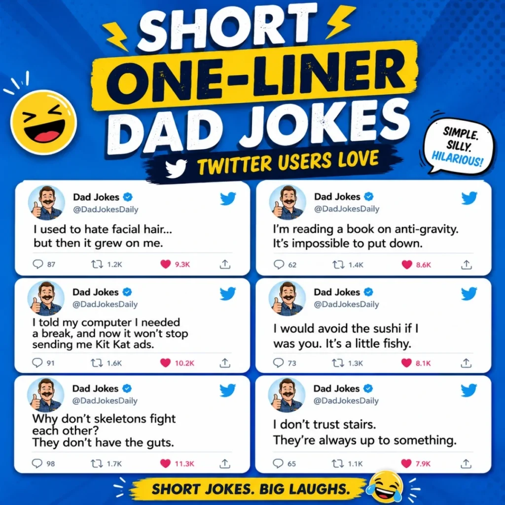 Short one-liner dad jokes Twitter graphic featuring viral joke tweets, funny puns, and social media humor