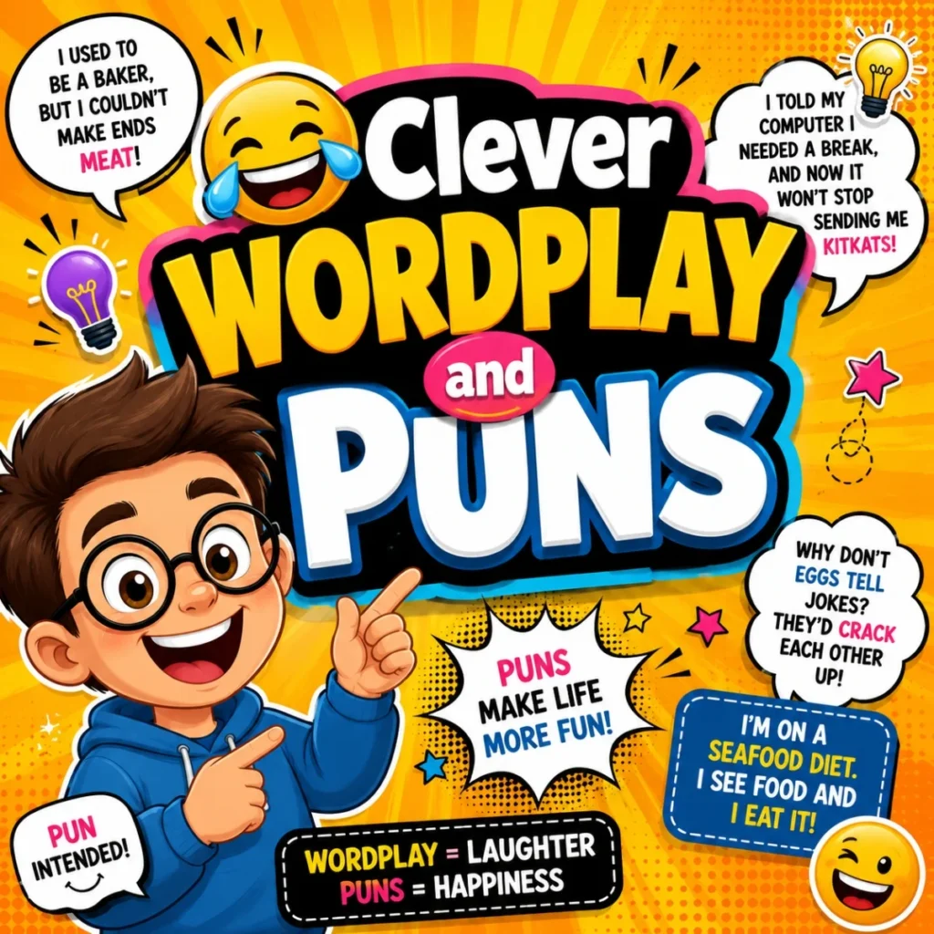 Clever wordplay and puns cartoon image with funny jokes, smiling character, and colorful comic design