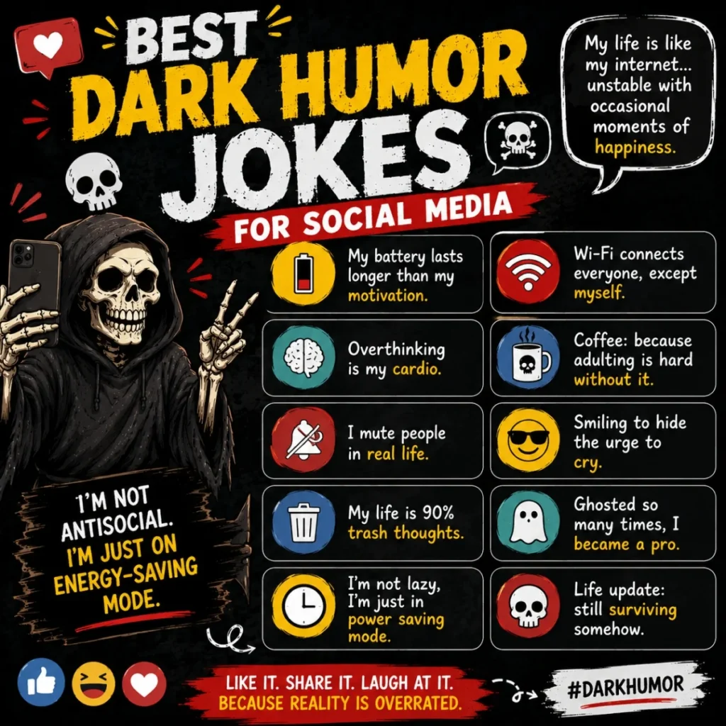 Best dark humor jokes for social media poster with skeleton, phone, funny captions, and bold dark design