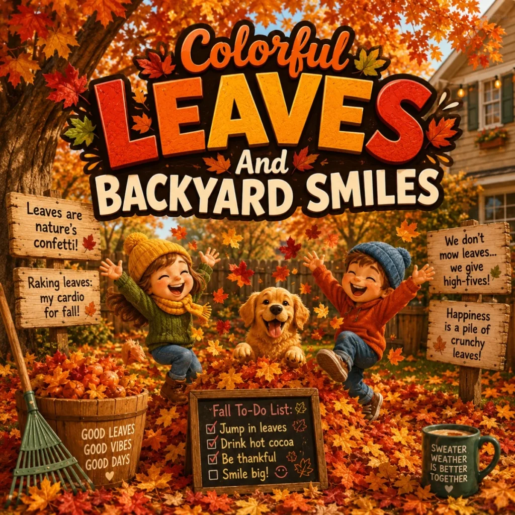 Colorful leaves and backyard smiles with kids, dog, autumn trees, and cozy fall jokes