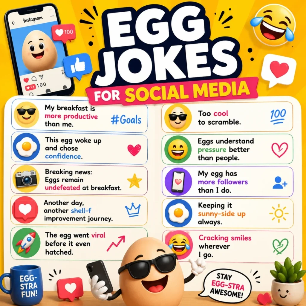 Egg jokes for social media poster with funny captions, cartoon egg influencer, and viral humor graphics
