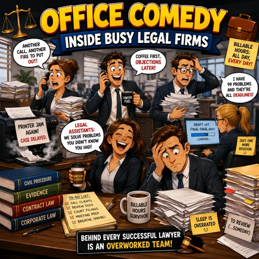 Busy legal firm office comedy cartoon with lawyers, paperwork, coffee, and deadline chaos