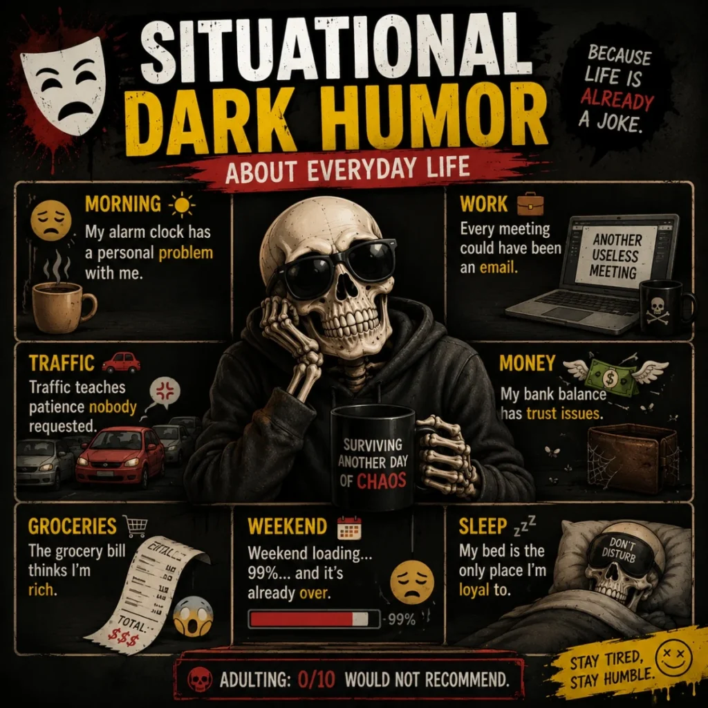 Situational dark humor about everyday life poster with skeleton and funny daily struggle jokes